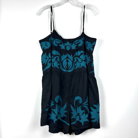Free People Everblue Romper Black Blue Adjustable Straps Embroidery Womens Sz L - Picture 8 of 11